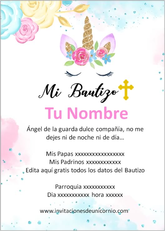 invitacion de unicornio bautizo