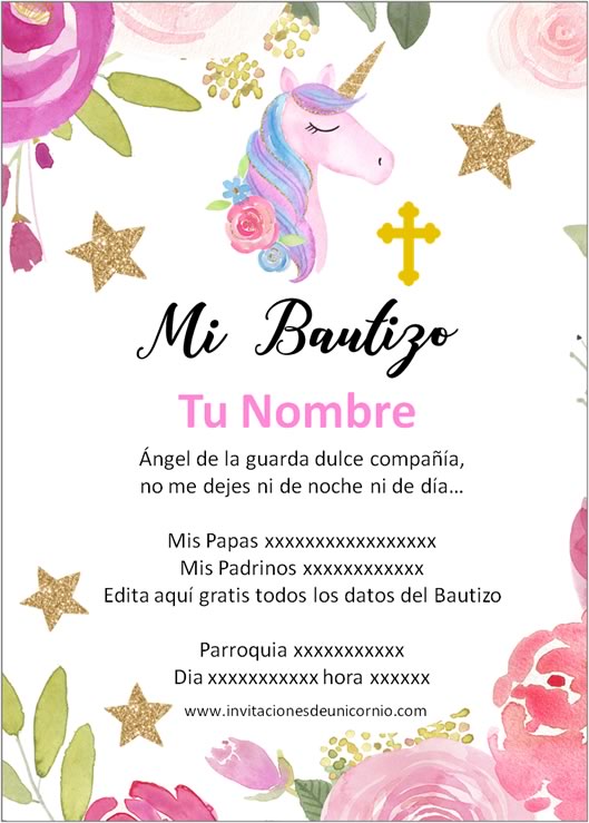 invitacion de unicornio bautizo