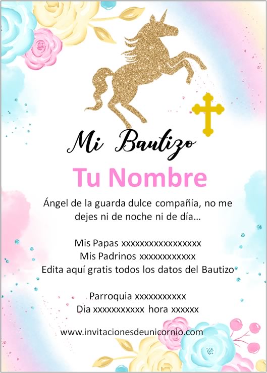 invitacion de unicornio bautizo