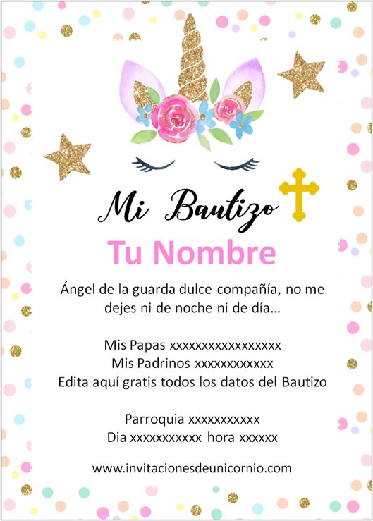 invitacion de unicornio bautizo