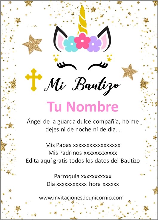 invitacion de unicornio bautizo